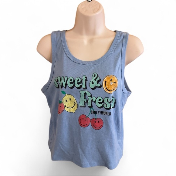Smiley World Blue Graphic Crop Tank Top with Sweet & Fresh Retro Vintage Design - Picture 1 of 15